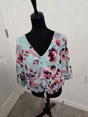 Cy Women's Aqua Floral V-Neck Tie-Front Top